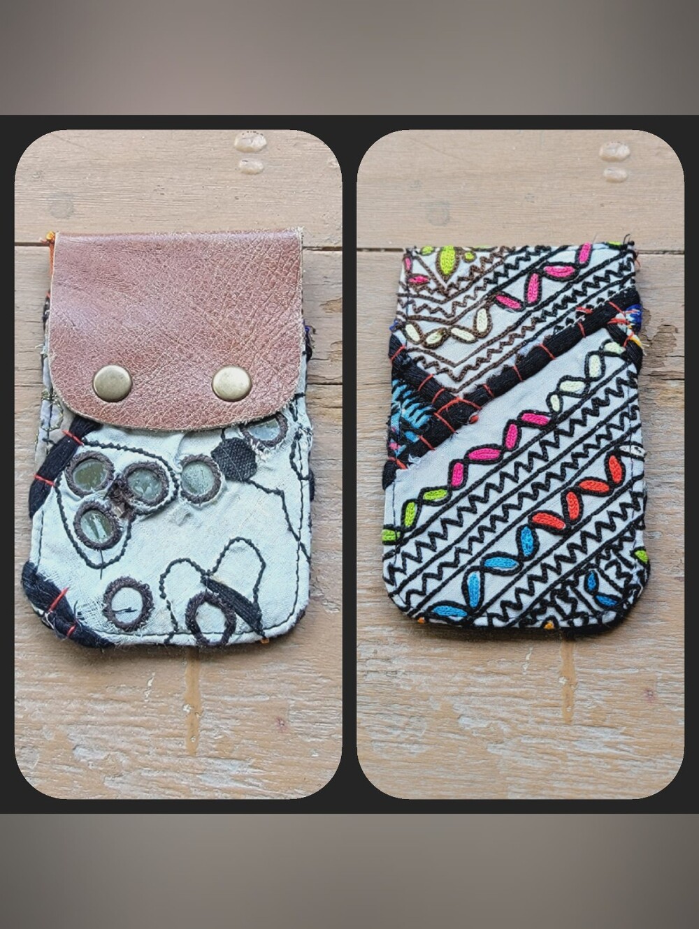 Free People embroidered banjara boho repurposed vtg leather wallet card case